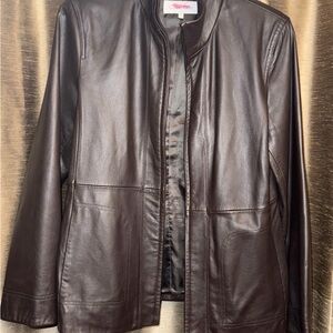 Calvin Klein Brown Leather Collarless Jacket